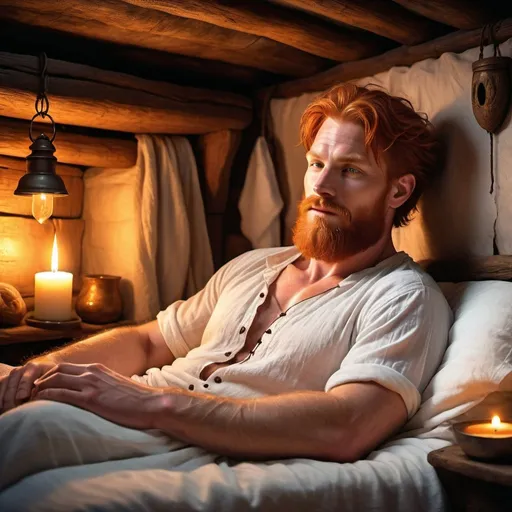 Prompt: one rugged male shamanic healer with red hair and beard dressed only in loose white cotton shorts has light glowing from his hands. He offers this healing light to a handsome man reclining on a small bed in a candlelit rustic medieval cottage fantasy novel cover style art