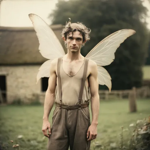 Prompt: rugged winged male fairy,old English farm,posing,captured with soft focus and muted colors typical of early film photography