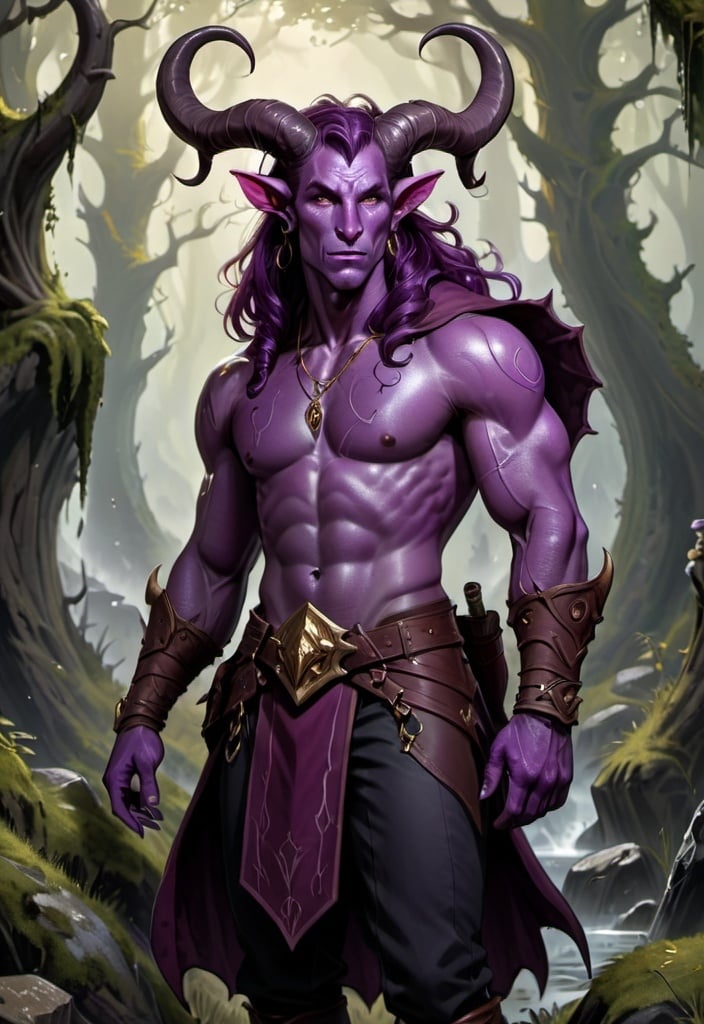 Prompt: dnd style rugged male tiefling druid purple skin majestic horns full body