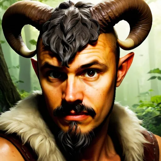 Prompt: early 20's Mushroom druid, tiefling, male, strong, mottled brown and tan skin, majestic horns, short dark hair, long beard style