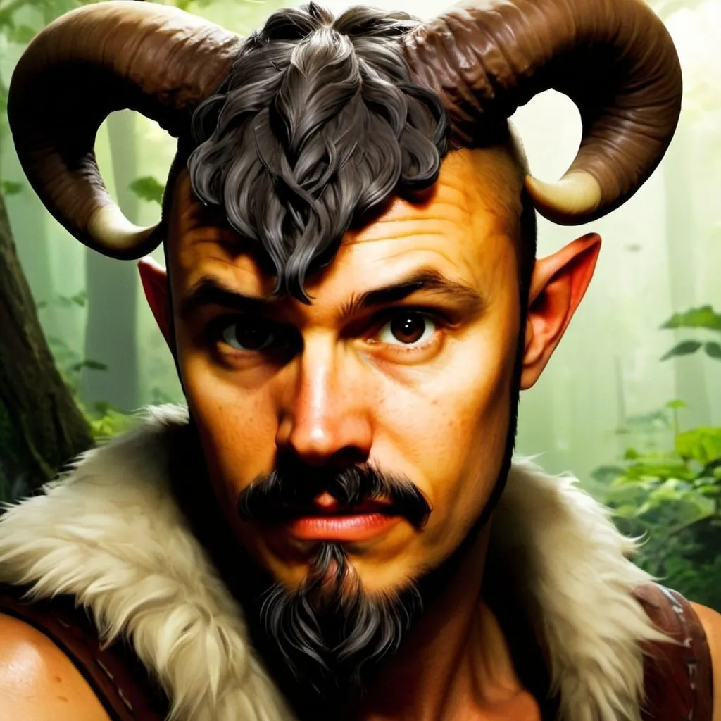 Prompt: early 20's Mushroom druid, tiefling, male, strong, mottled brown and tan skin, majestic horns, short dark hair, long beard style