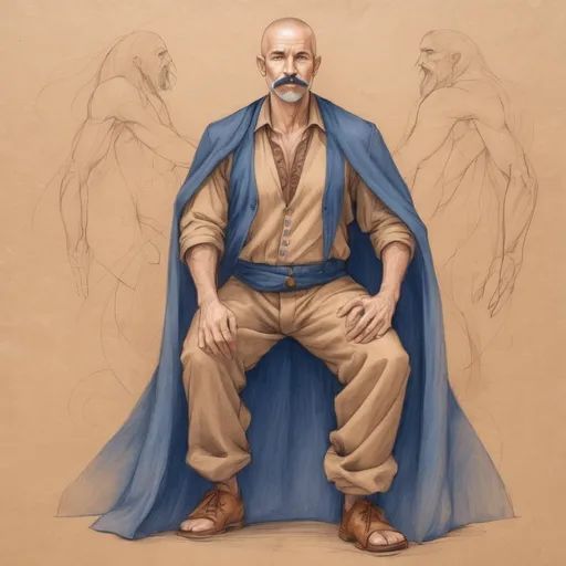 Prompt: full body sketch, middle aged human male druid, massage healer,mustache and goatee, shaved head,indigo cotton pants and shirt,on light brown paper.fantasy art, colored pencil detail texture