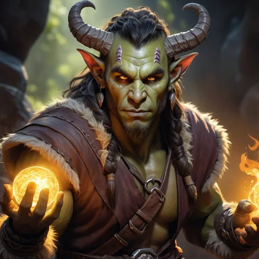 Prompt: hyper-realistic rugged male Tiefling-orc druid character with bright light hands, fantasy character art, illustration, dnd, warm tone