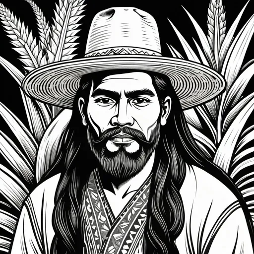 Prompt: woodcut style, handsome indigenous oaxacano, long hair, beard, ears of corn and agave plant background, black and white only