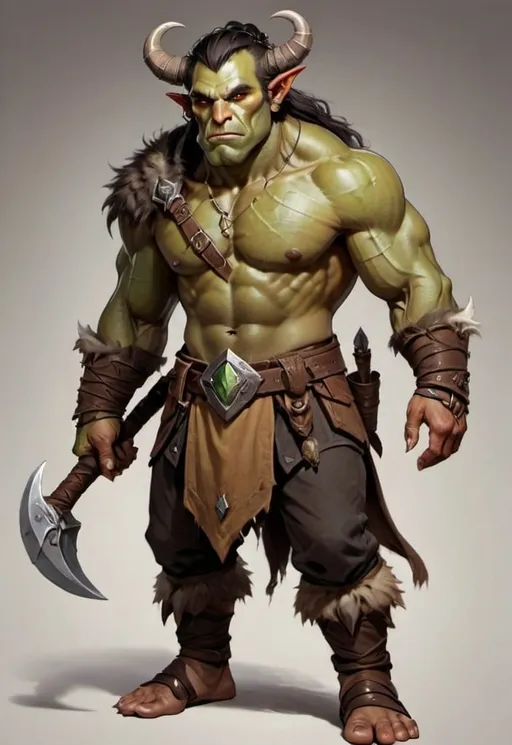 Prompt: dnd style rugged handsome male half orc druid tan skin majestic horns full body