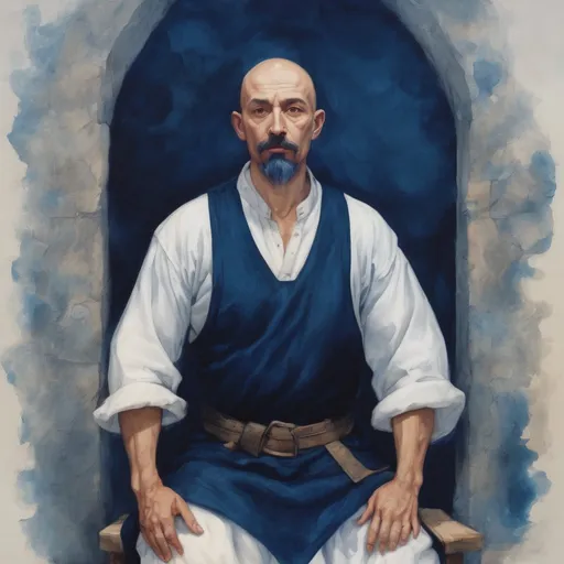 Prompt: full body, middle aged human male, medieval massage healer, dark blue mustache and goatee, shaved head,dark blue fitted pants, white cotton shirt,on prepared canvas.fantasy art, gouache paint detail texture