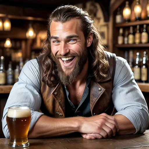 Prompt: a strong rugged 6 foot and 5 inches tall, 250 pound male human rogue with blue eyes, mottled tan skin, and long wavy dark hair and a full beard is laughing as he sits at the bar in a medieval pub with an ale in his hand. He is wearing only a leather vest