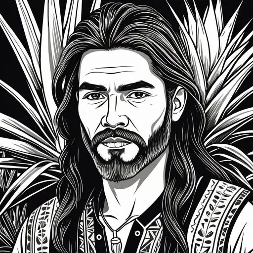 Prompt: woodcut style, handsome indigenous mestiso potter, long hair, beard, agave plant background, black and white only