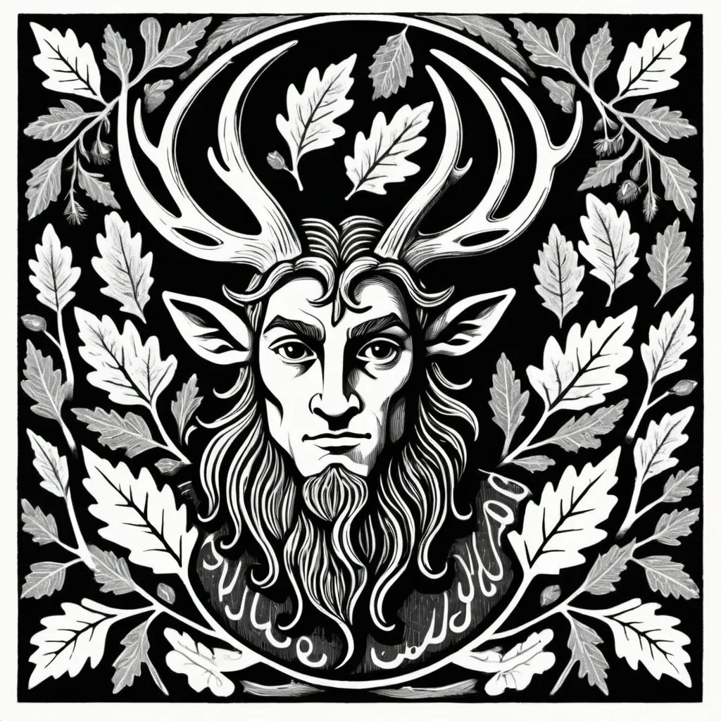 Prompt: vintage linocut style, young cernunnos, oak leaf background, black and white only