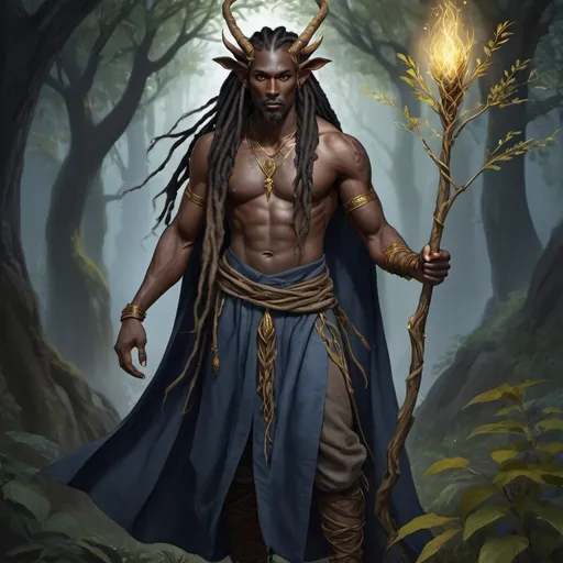 Prompt: full body, strong black male elven druid with glowing dark skin, shining golden eyes, long dreadlocks, and indigo robes. he carries a quarterstaff of willow that has roots emerging from the bottom and small branches at the top. He has the horns of an antelope