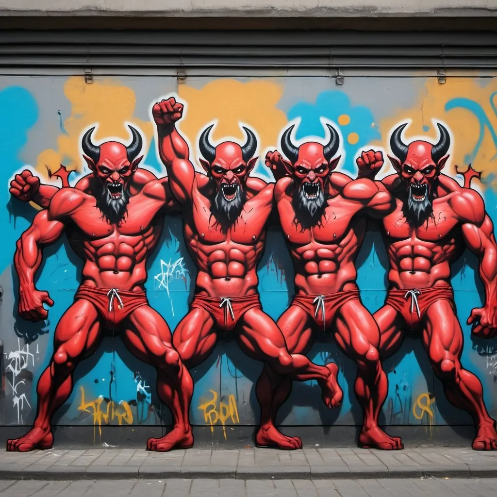 Prompt: a group of dancing muscular devils, street art, graffitti, spray paint 