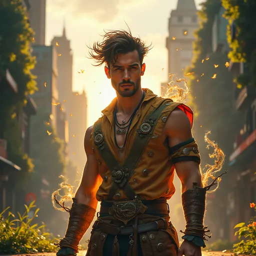 Prompt: Visualize a strikingly handsome druid with tousled hair and a chiseled physique, standing confidently amid a vibrant, bustling cityscape. Dressed in an eclectic mix of earthy tones, his attire is adorned with intricate natural motifs, while glowing runes subtly pulse with energy around him. The late afternoon sun casts a warm golden hue, illuminating the city’s high-rise buildings that tower above him, their sharp edges softened by cascading vines and flowers. Wisps of ethereal magic swirl around him, creating a contrast against the urban backdrop, some forming shimmering patterns in the air. In this moment, his piercing gaze radiates both strength and serenity, embodying the connection between nature and urban life. The scene is captured in cinematic lighting, evoking a sense of wonder and enchantment.