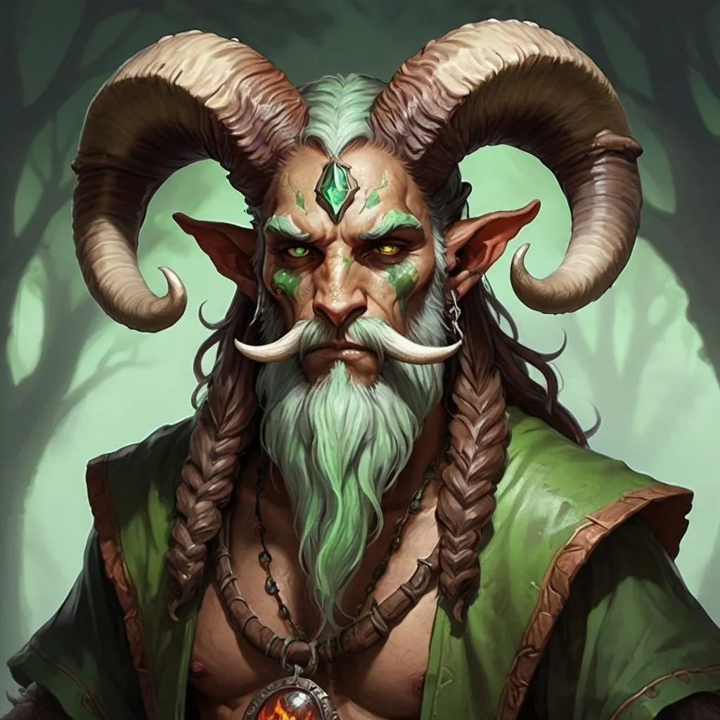 Prompt: Mushroom druid, tiefling, male, strong, mottled brown and green skin, ram's horns, long beard style