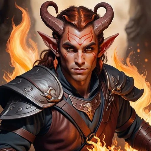 Prompt: hyper-realistic rugged male Tiefling-elf warrior character with fire hands, fantasy character art, illustration, dnd, warm tone