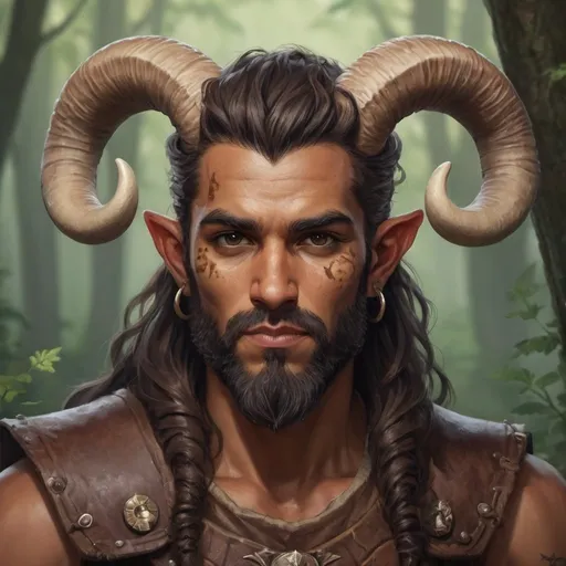 Prompt: early 20's Mushroom druid, tiefling, male, strong, mottled brown and tan skin, ram's horns, long dark hair, trim beard style, leather armor, wearing mushrooms