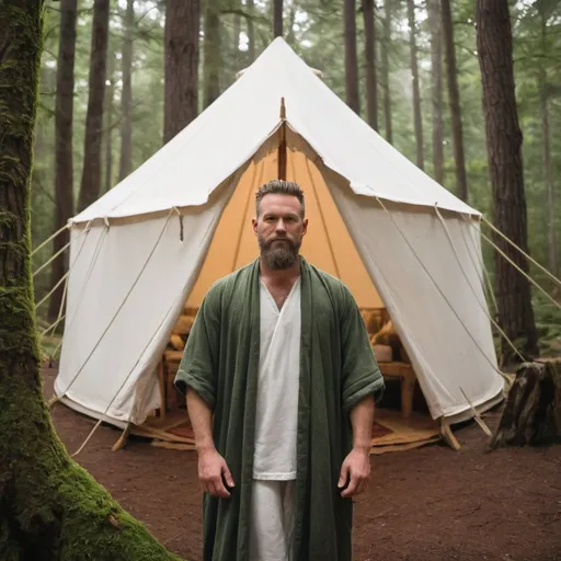Prompt: a male massage therapist is dressed in druid garb standing in the forest in front of his white canvas tent