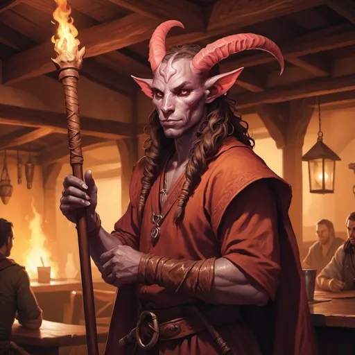Prompt: tiefling druid character holding a quarterstaff in a tavern , fantasy character art, illustration, dnd, warm tone
