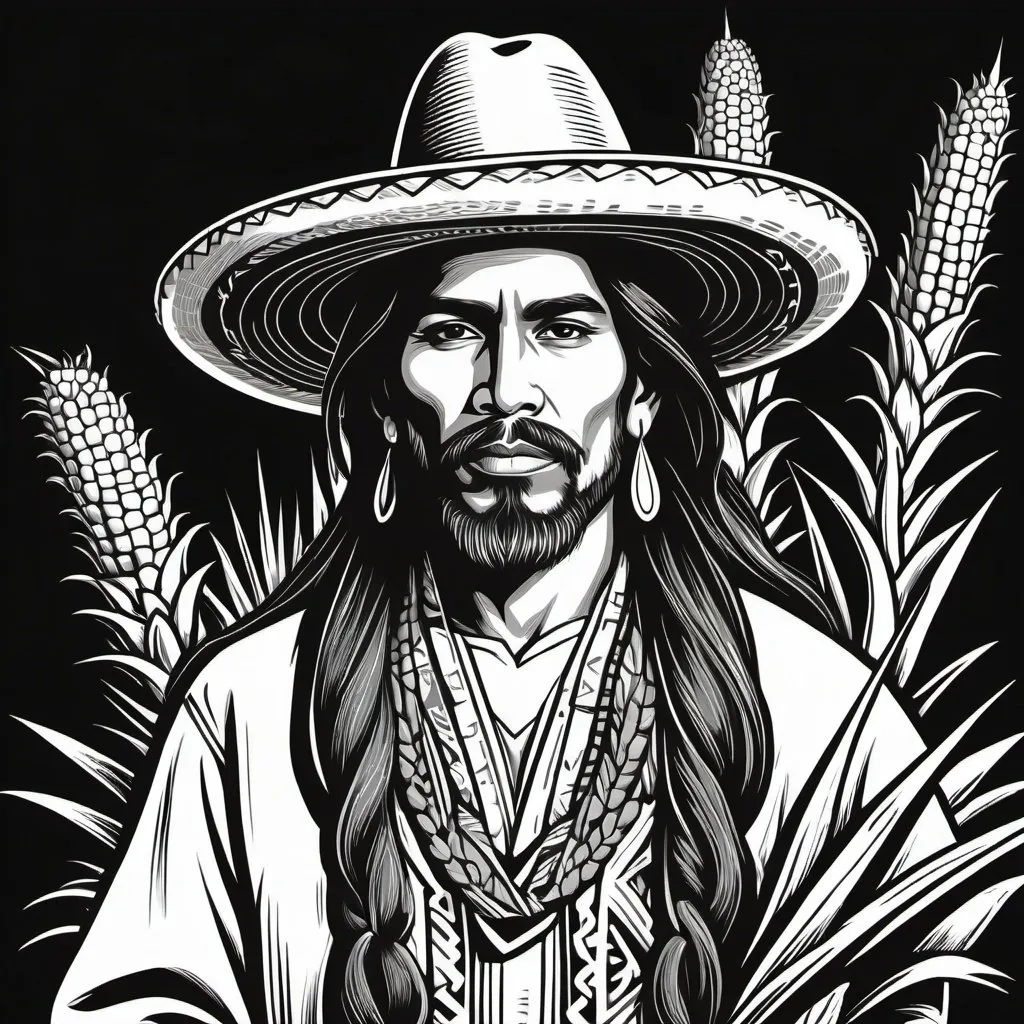 Prompt: woodcut style, handsome indigenous mexican curandero, long hair, beard, ears of corn and agave plant background, black and white only