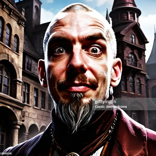 Prompt: fantasy illustration closeup of a strong male human wizard standing in a steampunk 1800's style city