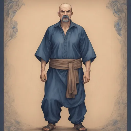 Prompt: full body illustration, middle aged human male druid, massage healer, dark blue mustache and goatee, shaved head,dark blue cotton cotton pants and shirt,on light brown paper.fantasy art, colored pencil detail texture