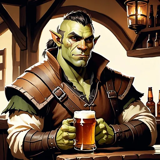 Prompt: slim handsome male half orc ranger with tusks smirking character holding a pint of ale in a tavern , fantasy character art, illustration, dnd, warm tone