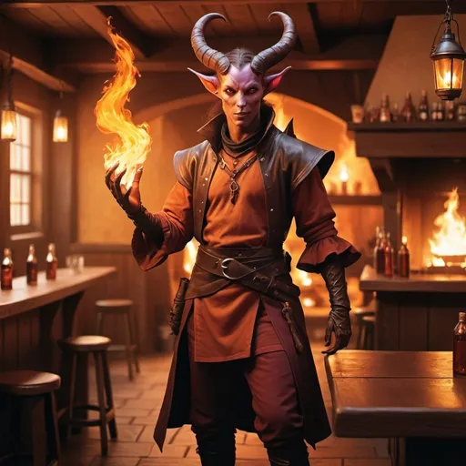 Prompt: full body hyper-realistic Tiefling character with fire hands and cloven hooves in a tavern, fantasy character art, illustration, dnd, warm tone