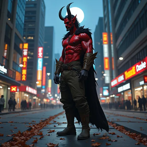 Prompt: In a bustling modern cityscape, a rugged male tiefling druid with majestically curved horns stands confidently on a cracked sidewalk, his striking red skin gleaming under the soft glow of the streetlights. Tall buildings tower around him, their glass facades reflecting the kaleidoscope of neon signs and advertisements that paint the night in vibrant colors. The air is thick with anticipation, and a gentle breeze sends leaves swirling at his feet, hinting at his deep connection to nature amidst the urban chaos. His expression is fierce yet contemplative, as he gazes towards the horizon, where the moon casts a luminous halo over the skyline. He wears a blend of organic textures and modern attire, embodying the juxtaposition of the natural world and city life. This scene evokes a sense of intrigue and adventure, captured in a cinematic style with dramatic lighting that highlights the tiefling's unique features.