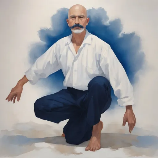 Prompt: full body, middle aged male, massage healer, dark blue mustache and goatee, shaved head,dark blue tight pants, flowing white cotton shirt,on prepared canvas, gouache paint detail texture