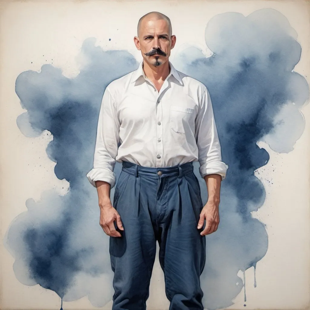 Prompt: full body, middle aged male, healer, horns, dark blue mustache and goatee, shaved head, tight blue pants, flowing white cotton shirt,on prepared canvas, watercolor paint detail texture