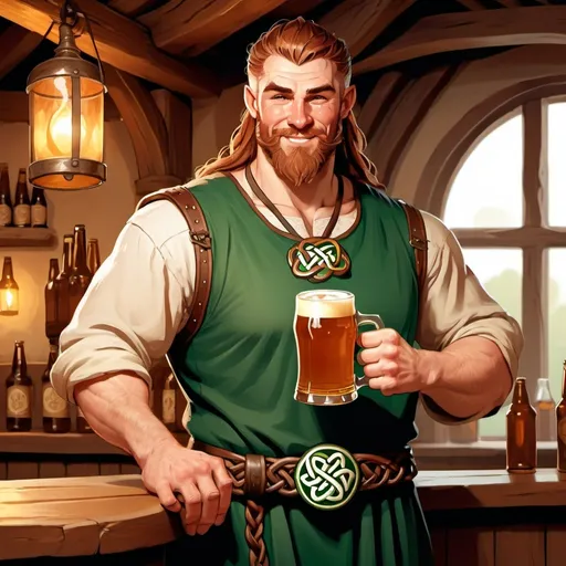 Prompt: full body muscular 30 year old handsome celtic male human druid winking character holding a pint of ale in a tavern , fantasy character art, illustration, dnd, warm tone
