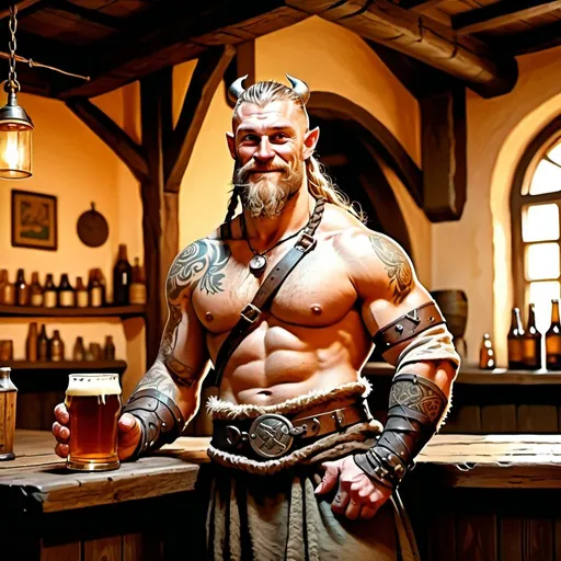 Prompt: full body muscular 30 year old tattooed rugged viking male human druid winking character holding a pint of ale in a medieval inn , fantasy character art, illustration, dnd, warm tone