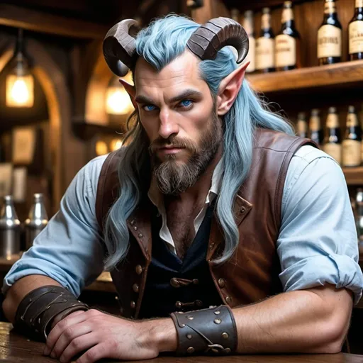 Prompt: a strong rugged 6 foot and 5 inches tall, 250 pound male tiefling druid with blue eyes, light blue skin, and long wavy dark hair and a full beard is scowling as he sits at the bar in a medieval pub with an ale in his hand. He is wearing only a leather vest