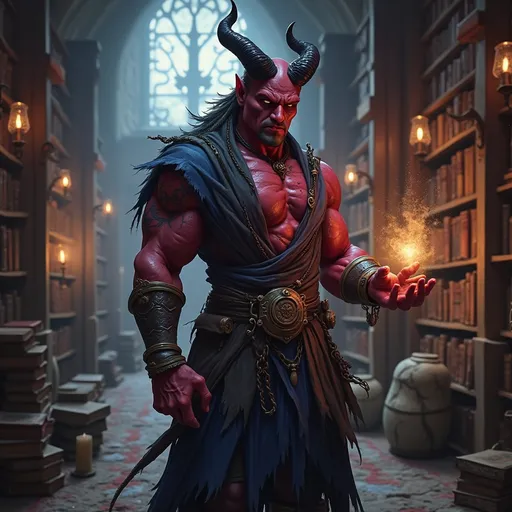 Prompt: Envision a rugged male tiefling druid with striking red skin, his jagged horns curling upward majestically, casting shadows across his chiseled features. He stands in a dimly lit, ancient library filled with arcane tomes and glimmering artifacts, the ambient glow of floating candles illuminating his intense gaze. His tattered robes, rich in deep blues and purples, contrast against the warm glow, hinting at a well-worn journey through dark realms. Wisps of arcane energy shimmer around his outstretched hand, suggesting a spell at the ready, while the dust motes in the air dance like ethereal spirits. The atmosphere is thick with mystery, inviting the viewer to uncover the secrets of this powerful magic-wielder. Suggested style: dark fantasy concept art.