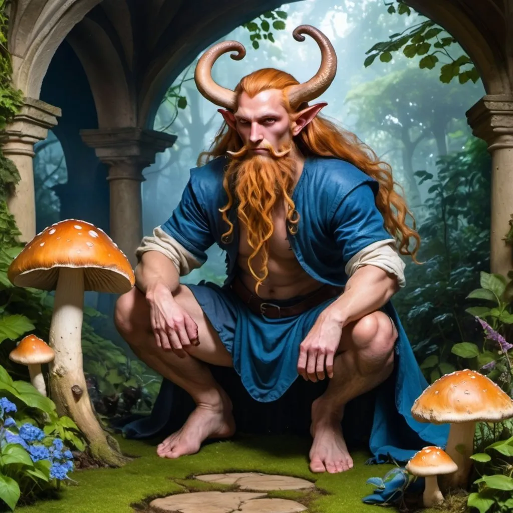 Prompt: a strong rugged 6 foot and 5 inches tall, 250 pound male tiefling mushroom druid with mottled tan skin, cloven hooves, and long wavy ginger hair and beard wearing only a loincloth is kneeling in a lush garden within an open courtyard of a manor. He is wreathed in blue flames, and mushrooms grown from the ground near his feet.