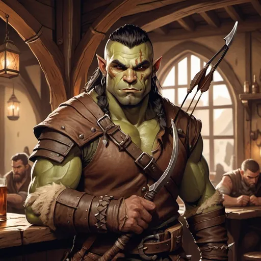 Prompt: rugged male half orc ranger character holding bow in a tavern , fantasy character art, illustration, dnd, warm tone