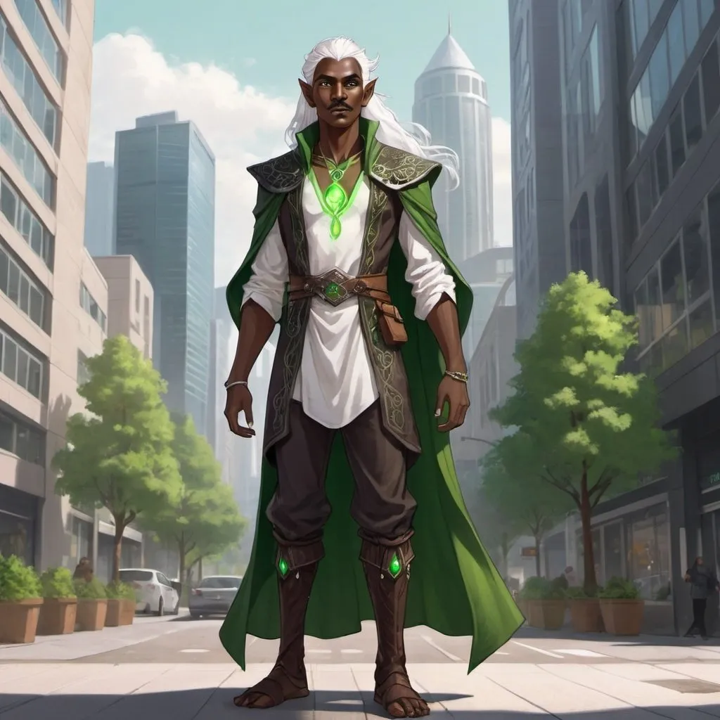 Prompt: full body illustration of a dark skinned elven druid with bright green eyes, shining white hair and mustache standing in a modern city. 