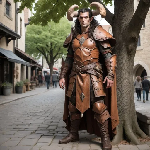 Prompt: Full body view of a strong 6 foot and 5 inches tall, 250 pound male tiefling mushroom druid with mottled tan skin, long wavy dark hair wearing leather armor and standing near a tree in the middle of a medieval city