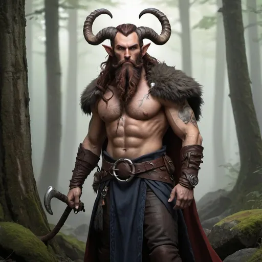 Prompt: realistic, full body, rugged, tiefling, druid, scottish, majestic horns, strong, male long beard style