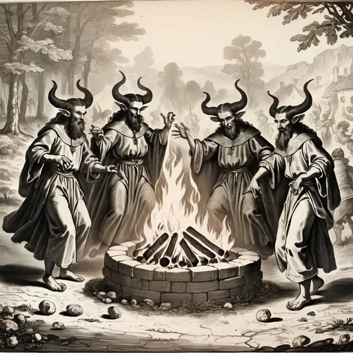 Prompt: Detailed 17th century etch of tiefling druids dancing around a fire, hatched