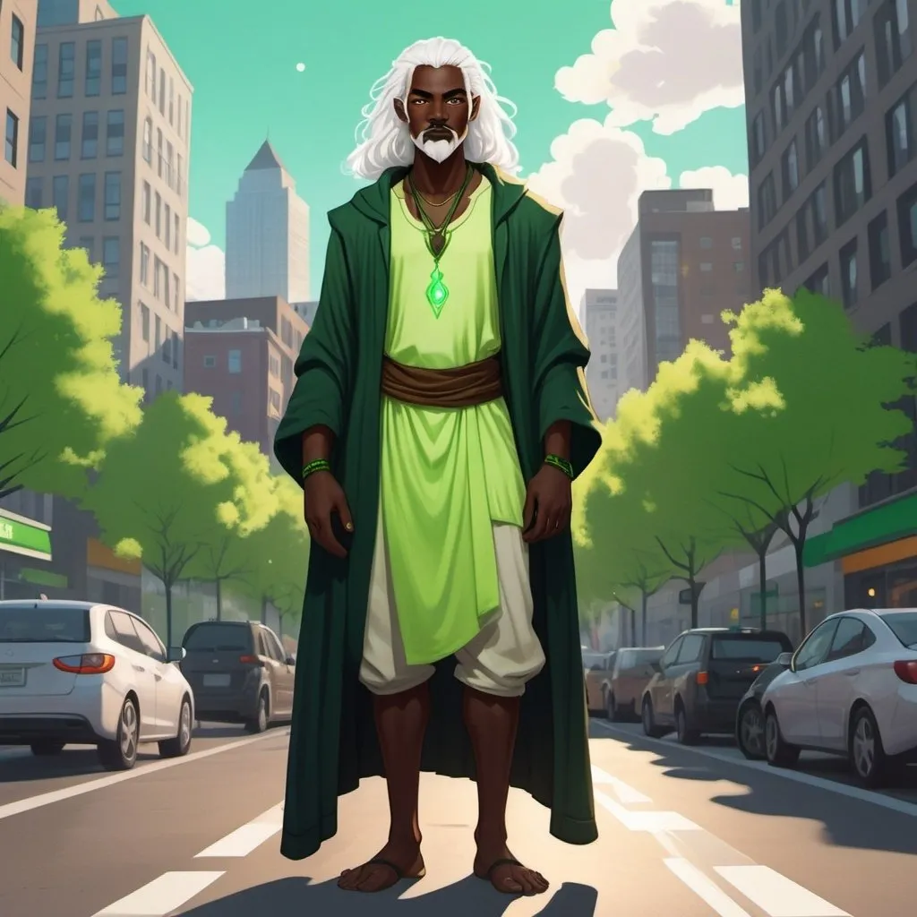 Prompt: full body fantasy illustration of a dark skinned human druid with bright green eyes, shining white hair and mustache standing in a modern city. 