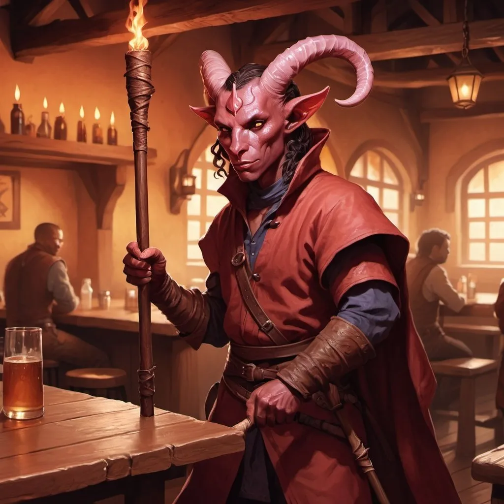 Prompt: tiefling character holding a quarterstaff in a tavern , fantasy character art, illustration, dnd, warm tone