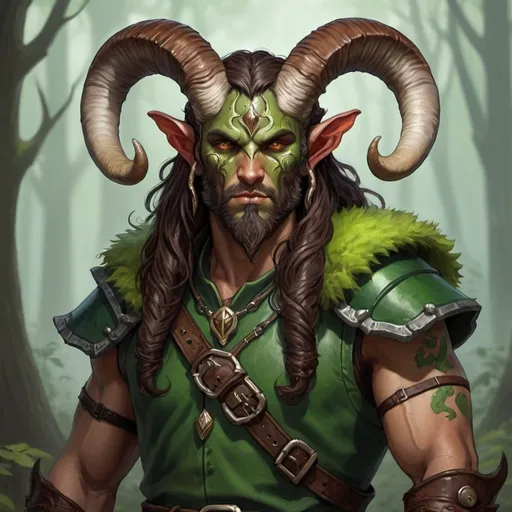 Prompt: early 20's Mushroom druid, tiefling, male, strong, mottled brown and green skin, ram's horns, long dark hair, trim beard style, leather armor