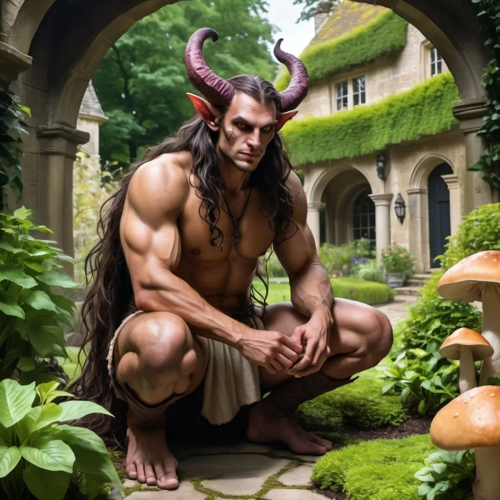 Prompt: a strong rugged 6 foot and 5 inches tall, 250 pound male tiefling mushroom druid with mottled tan skin, long wavy dark hair wearing only a loincloth is kneeling in a lush garden within an open courtyard of a manor