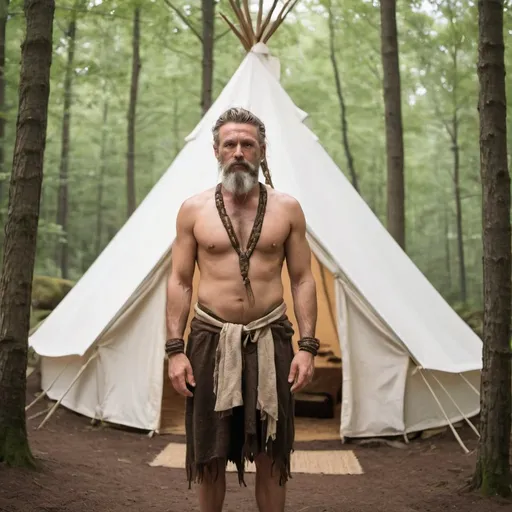 Prompt: a male massage therapist is dressed in stone age druid garb standing in the forest in front of his white canvas tent