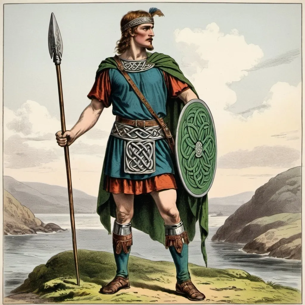 Prompt: celtic warrior,hand-colored vintage English engraving circa 20th century,colorful,romanticism,full body