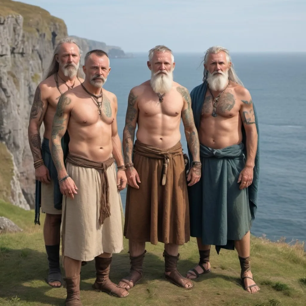 Prompt: a gathering of middle aged male druids with blue woad covering their arms and chests and bronze age tattoos covering their torsos are dressed in bronze age irish druid garb standing near a fire near a cliff overlooking the ocean
