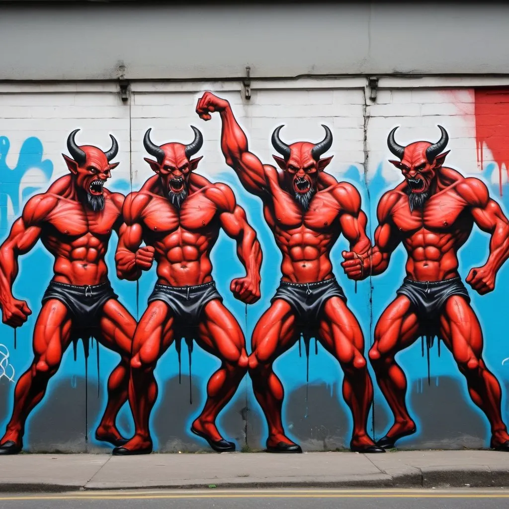 Prompt: a group of dancing muscular devils, street art, graffitti, spray paint 