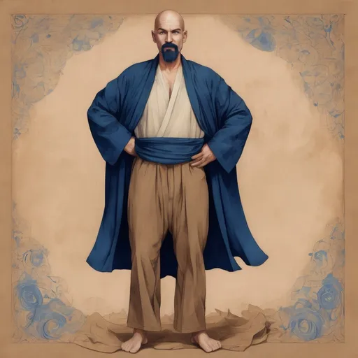 Prompt: full body illustration, middle aged human male druid, massage healer, dark blue mustache and goatee, shaved head,dark blue cotton cotton pants and shirt,on light brown paper.fantasy art, acrylic paint detail texture