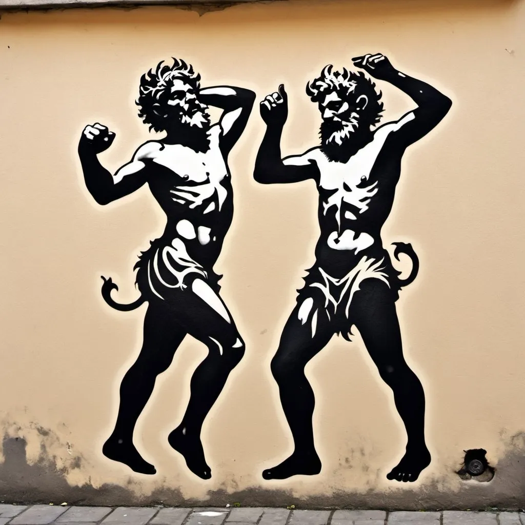 Prompt: dancing satyrs, street art, stencil