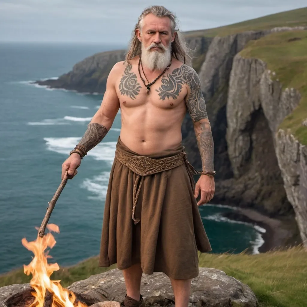 Prompt: a middle aged male druid with woad coloring his arms and chest and bronze age tattoos covering his torso is dressed in bronze age irish druid garb standing near a fire near a cliff overlooking the ocean
